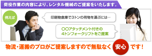 荷役作業の内容により、レンタル機械をご提案します。物流・運搬のプロがご提案しますので、無駄なく安心です。